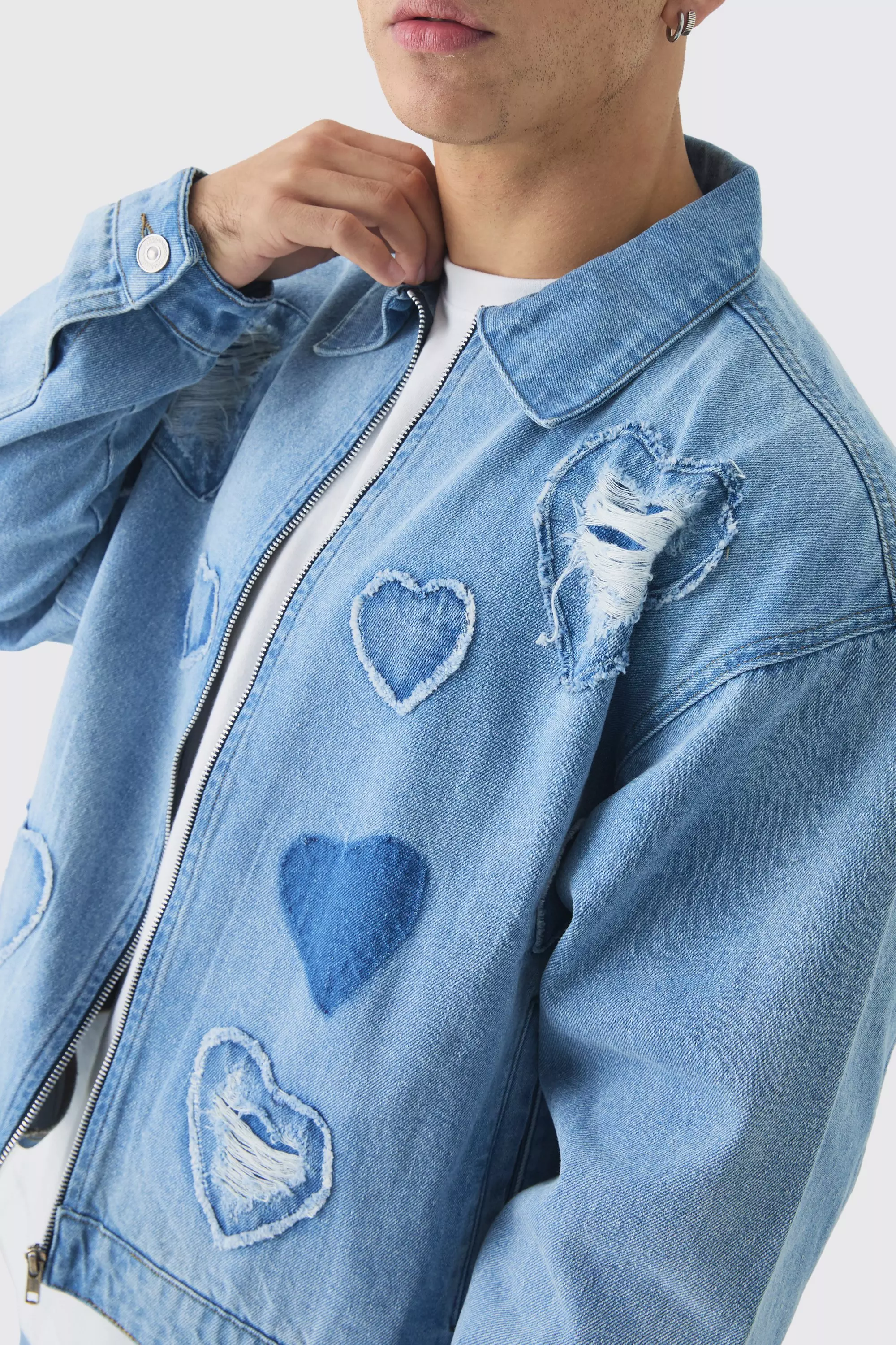 Boxy Fit Heart Applique Denim Bomber Jacket boohooMAN USA